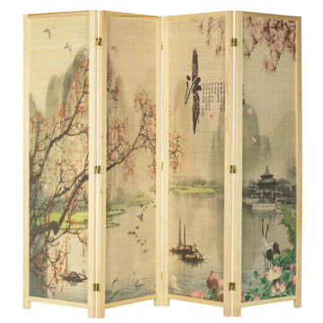 4-Panel Asian-Inspired Cherry Blossom Folding Bamboo Room Divider
