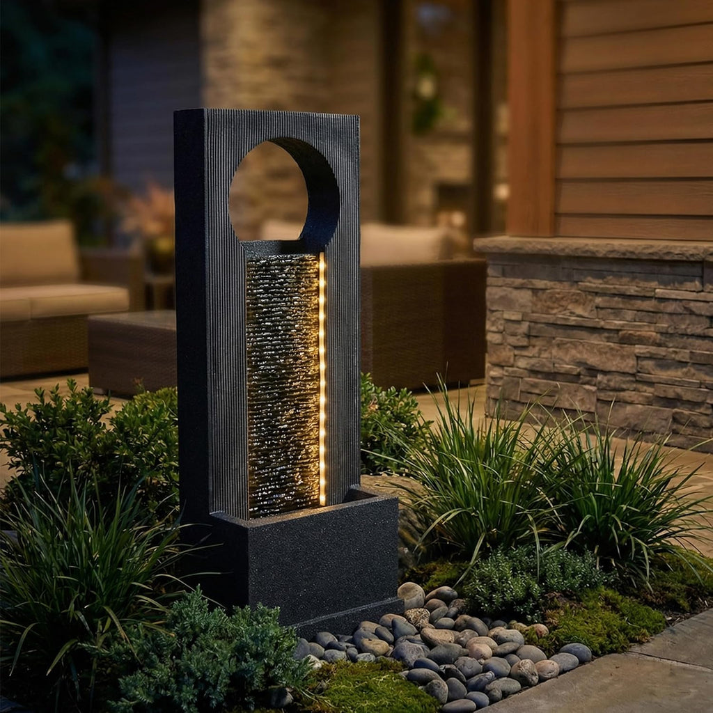 40-Inch Modern Outdoor Water Fountain, Large Floor Standing Resin Outdoor Fountain with LED Lights