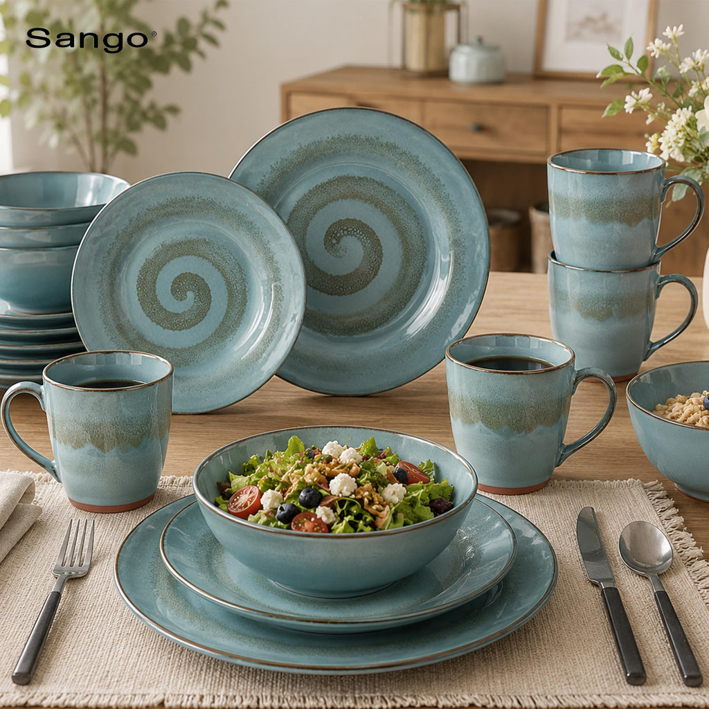 16-Piece Stoneware Dinnerware Set for 4, Glossy Blue & Green Coffee Mugs, Plates and Bowls Sets with Reactive Glaze