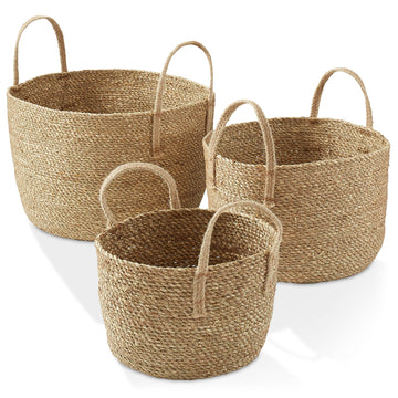 Set of 3 Braided Seagrass Baskets with Jute Handles - Natural, Woven Storage Basket Planters, Boho Decor