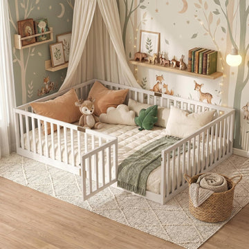 Montessori Floor Bed with High Safety Fence, Solid Rubber Wood Kids Floor Bed Frame with Guardrails and 6