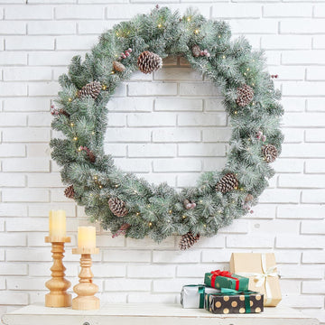 36" D Oversized Pre-Lit Glittered Pine Cone Christmas Wreath with 50 Warm White Lights, Artificial Wreaths