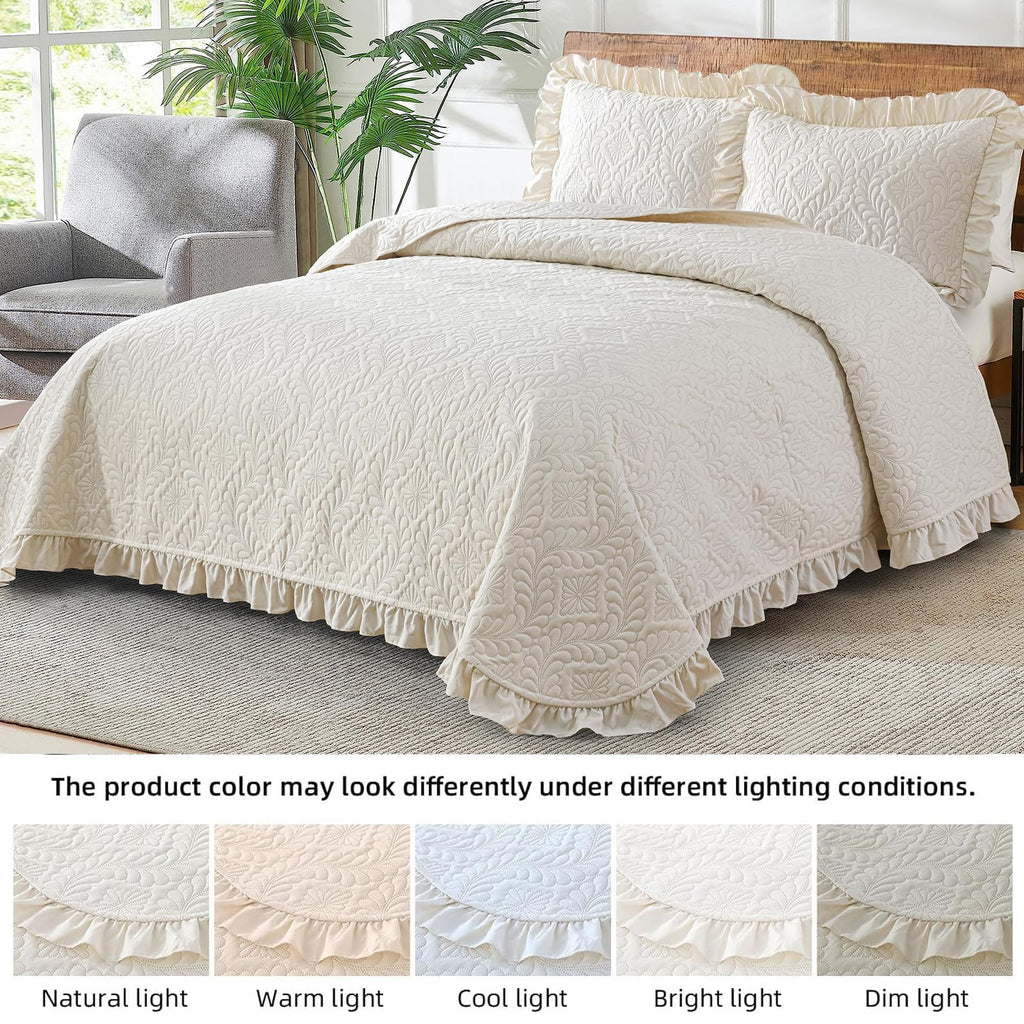 Quilt Bedding Set, Ruffled Reversible Bedding Set, Beige