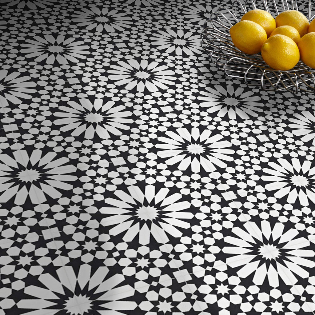 Agdal Handmade Cement Tile in Black and White, 8"x8, 5 Sq Ft