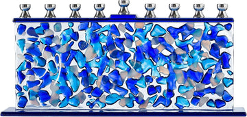 Blue & White Confetti Glass Chanukah - Handcrafted Painted Glass - Fits Standard Candles