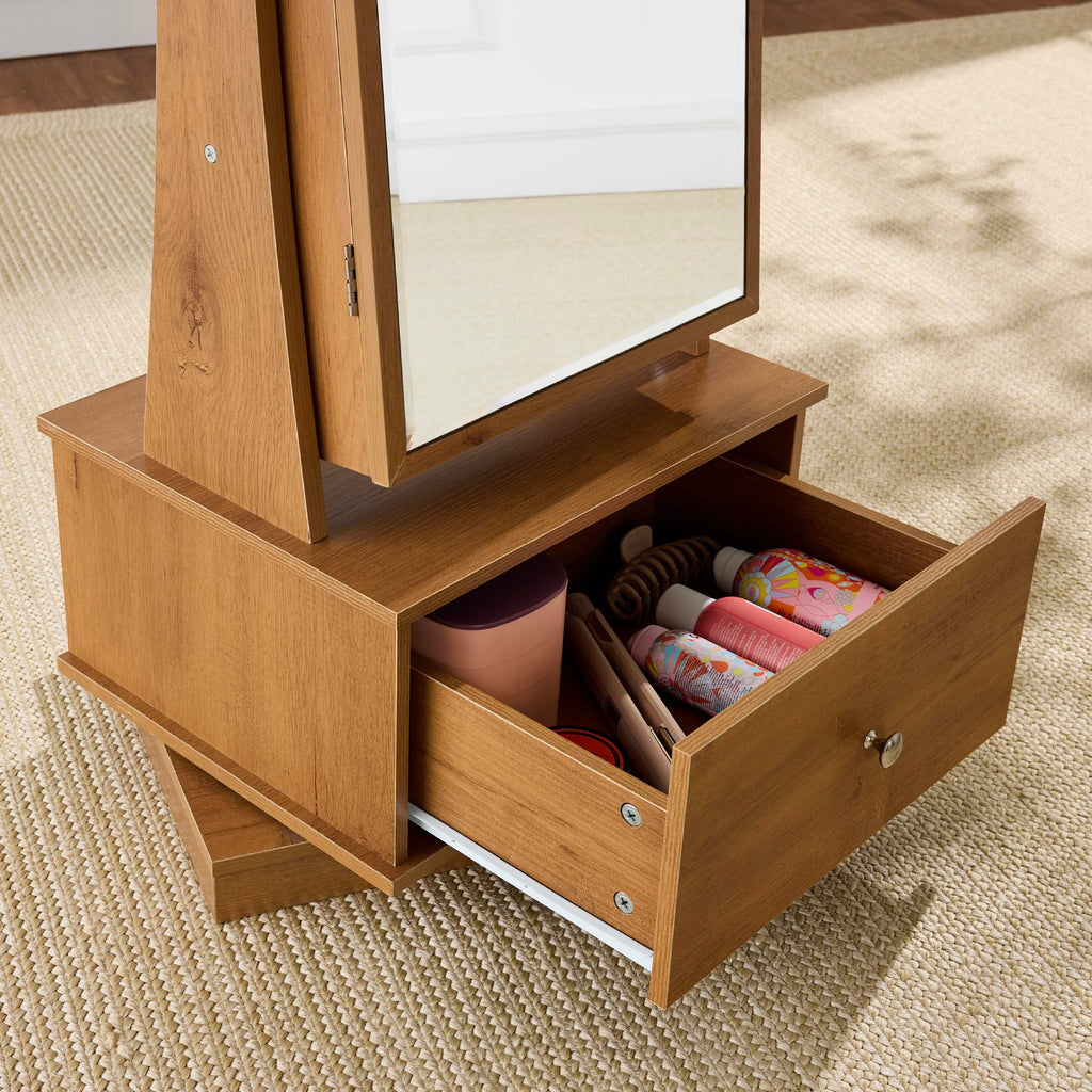 360 Swivel Mirrored Jewelry Cabinet, Standing Armoire, Makeup Storage Organizer, w/LED-lit Mirror, 3 Shelves - Rustic