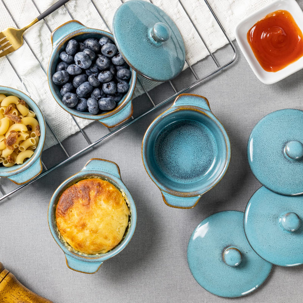 Creme Brulee Ramekins 8 oz with Lids, Oven Safe Bowls for French Onion Soup - Souffle Dish, Mini Covered Casserole