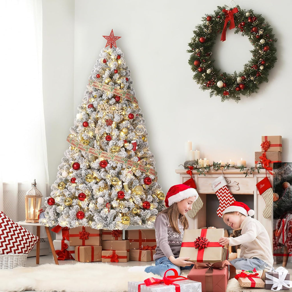 Pre-Lit Flocked Artificial Christmas Tree with Warm White Lights, Pure PVC Material, Hinged Branches for Easy