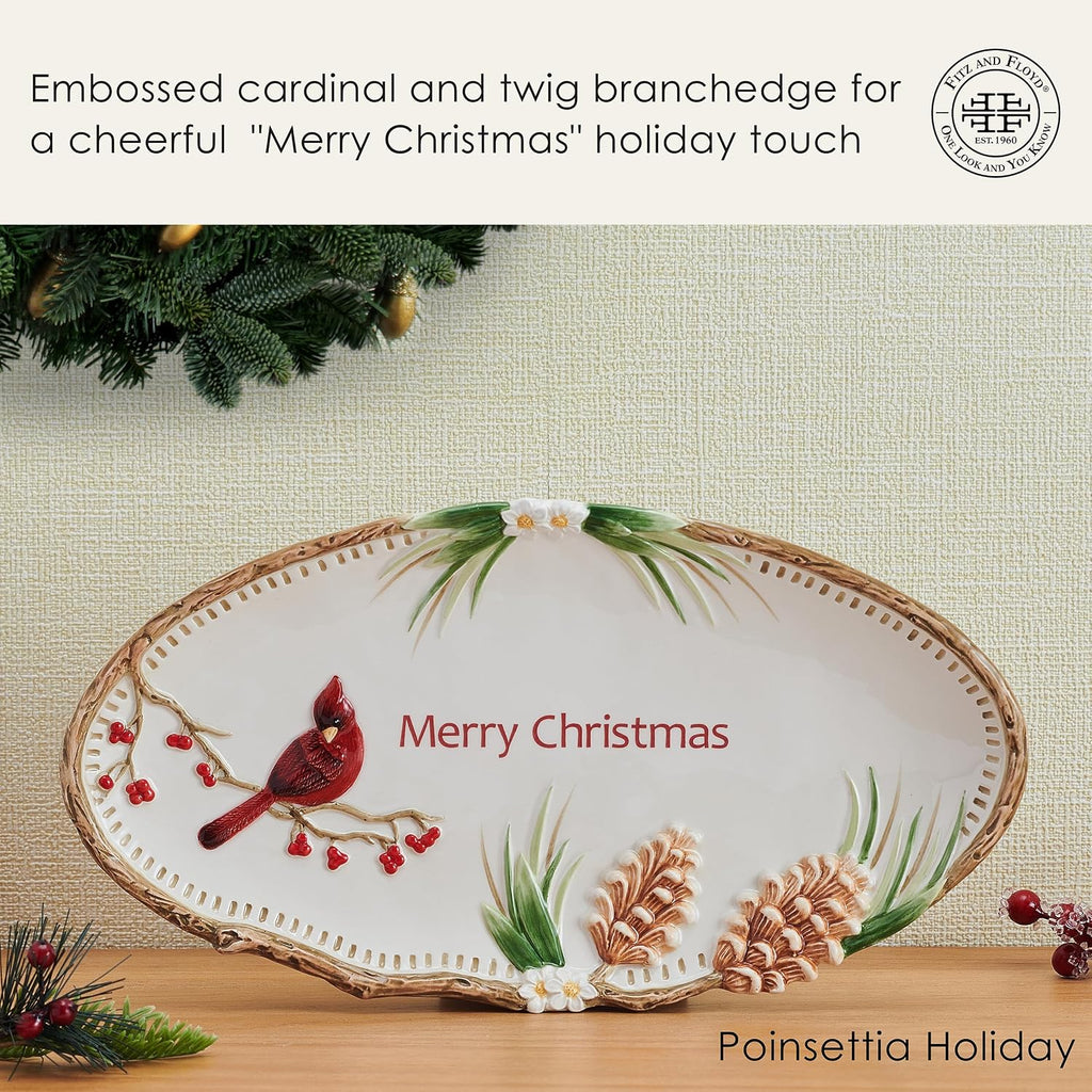 And Floyd Poinsettia Holiday Merry Christmas Serving Platter, Cardinal Pinecone Design, Serveware for Seasonal
