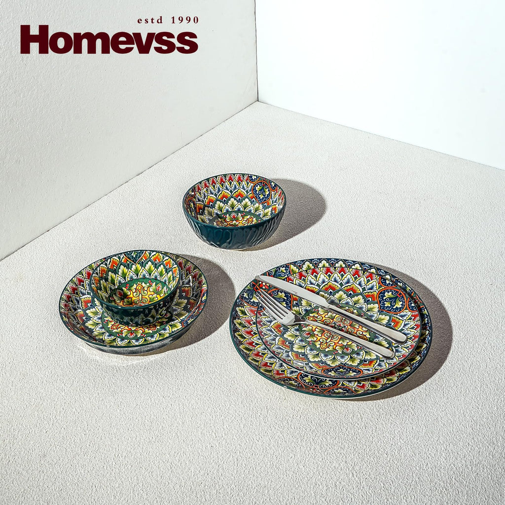 Boho 10 Pieces Dinnerware Sets, Plates and Bowls Set, Porcelain Dishes Set for 2, Microwave and Dishwasher Safe