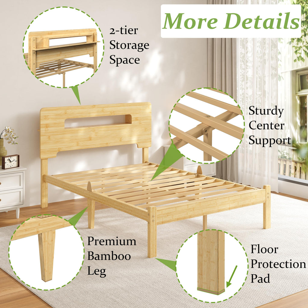 Full Size 12" Bamboo Bed Frame, Durable Platform Bed with Bamboo Outer Frame & Iron Slat Support, Stable & Noiseless