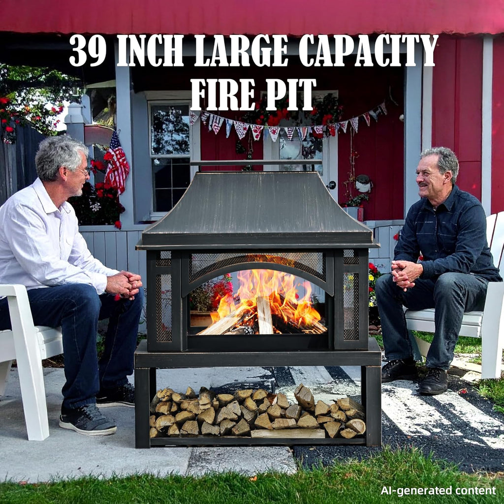 39" Fire Pits with Wood Storage for Outside, Large Wood Burning Outdoor Fireplace with Chimney