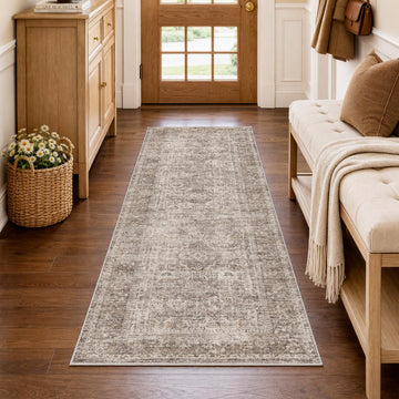 2x8 Hallway Runner Rug Washable Taupe Vintage Distressed Indoor