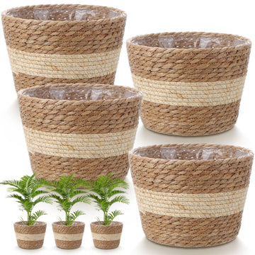 4 Pcs Straw Plant Baskets Indoor Rattan Woven Flower Baskets with Plastic Liner, Cattail Plant Planter for Indoor