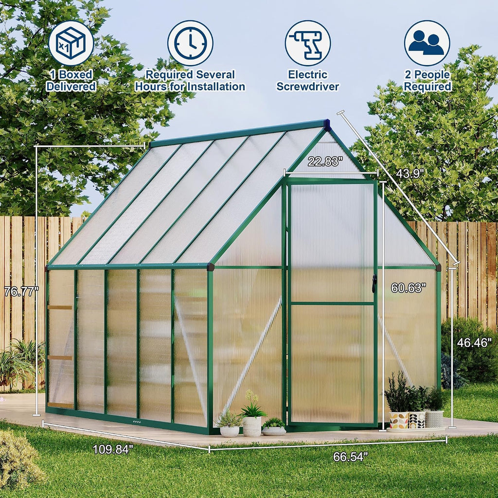 6 x 9 ft Outdoor Polycarbonate Greenhouse Kit, Heavy Duty Greenhouse with Reinforced Aluminum Frame, Adjustable Roof