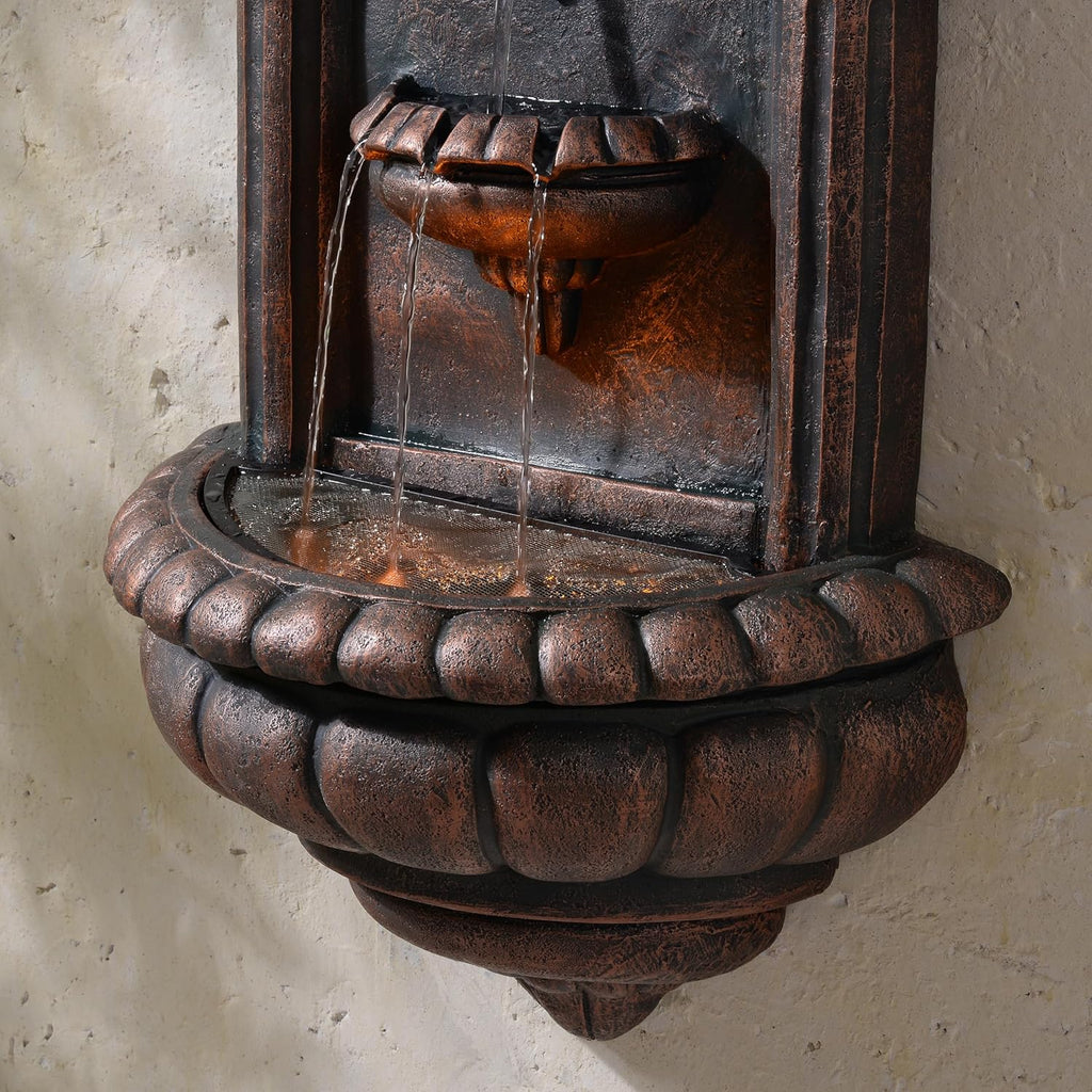 32.1 in. Wall-Mounted Lion Head Stone LED Outdoor Water Fountain for Gardens, Landscaping, Patios, Balconies