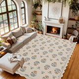 Scalloped Easy Jute 5x7 Area Rug Vintage Yellow Floral Farmhouse Washable Rug Non-Slip Indoor Outdoo