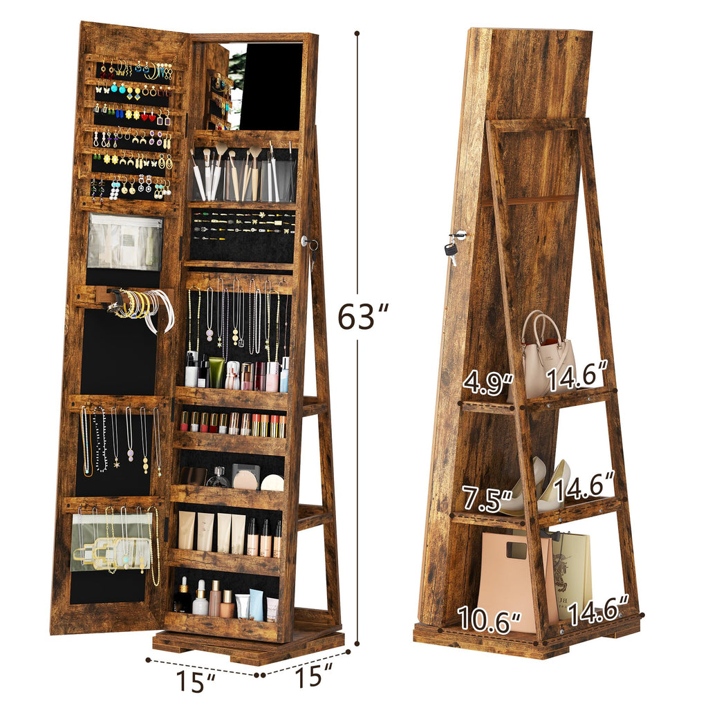 Mirror Jewelry Cabinet Standing, 360° Swivel Mirror with Storage Full Length with Jewelry Storage, Jewelry Organizers