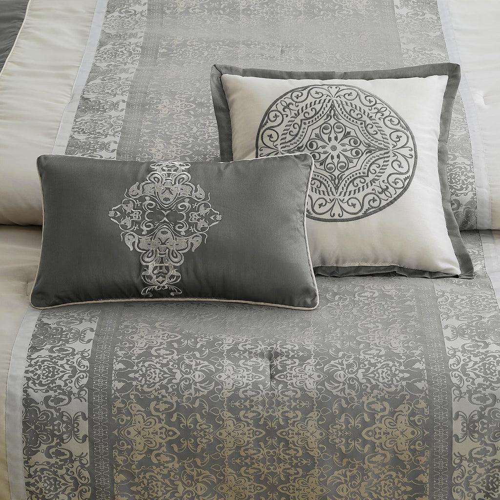 Comforter Set, Grey Beige, Traditional Jacquard Woven with Embroidery, 12 Pieces Bedding Set with Sheets
