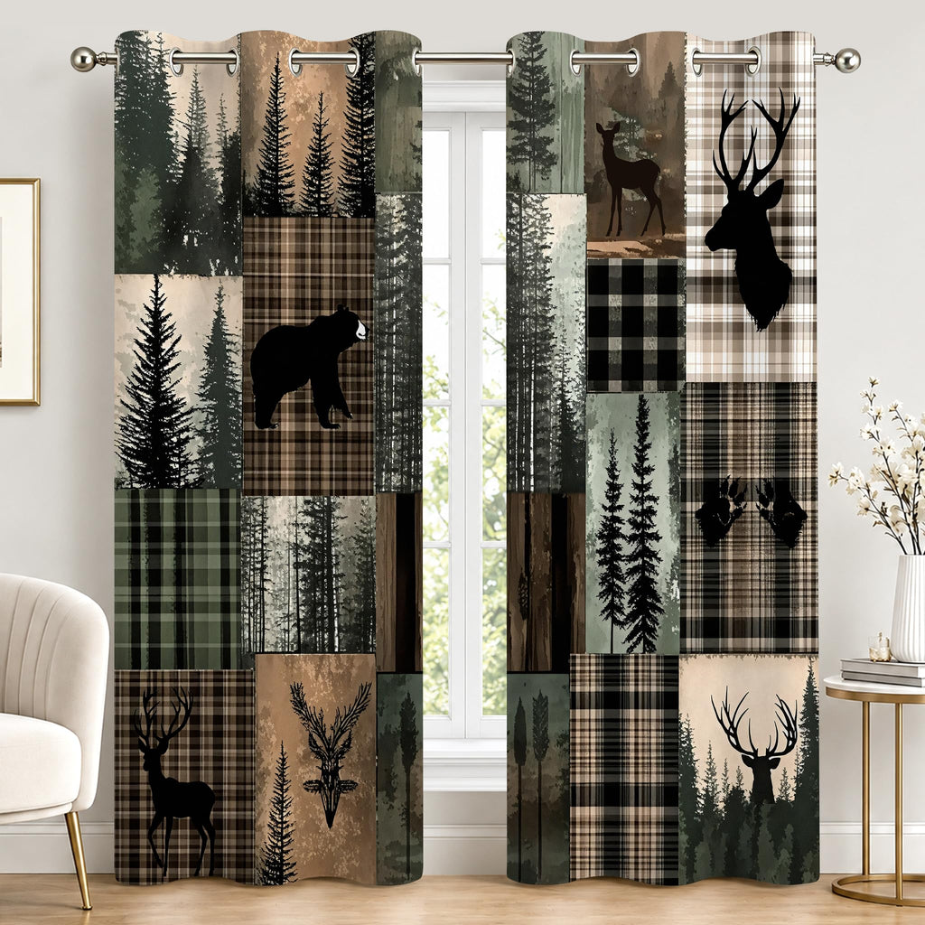 Rustic Cabin Bear Deer Forest Blackout Curtains, 2 Panels 42x84 Inch