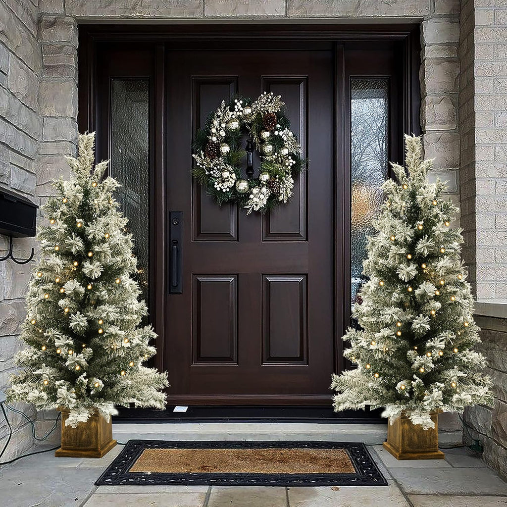 LuxenHome 4FT Prelit Flocked Potted Christmas Tree, Lighted Pencil Tree
