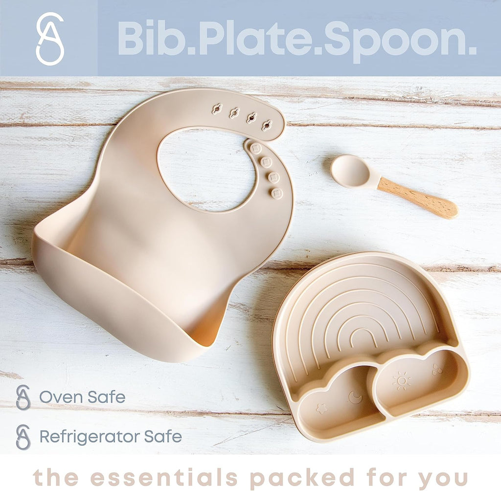 BPA-Free Non-Toxic Silicone Baby Plate Set - Piece Baby Led Weaning Starter Kit with Suction Divider Plate, Soft