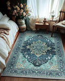 Area Rugs Washable Non-Slip, Floral Vintage Distress Print Pattern Medallion Carpet for Living Room Bedroom