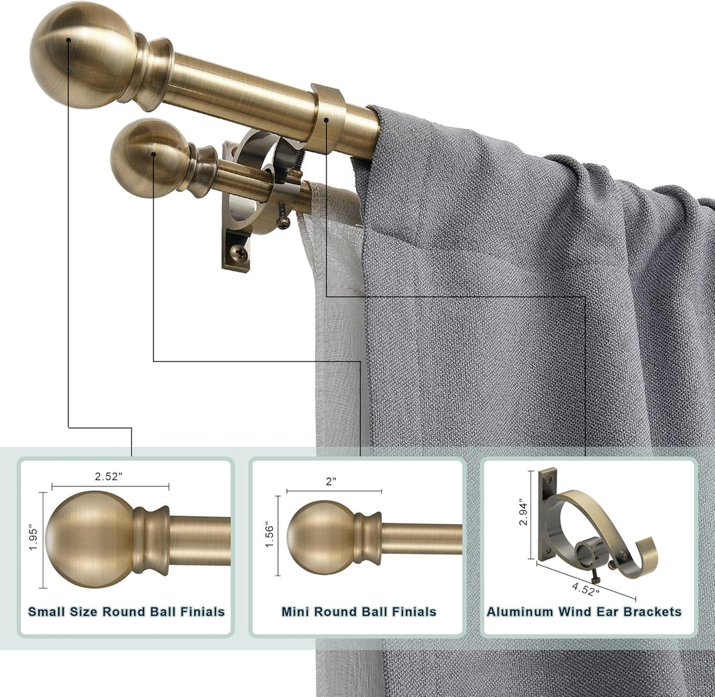 Antique Bronze Double Curtain Rods 36-72 Inch,1''Front and 5/8''Back Double Drapery Rod with Small Round Ball and