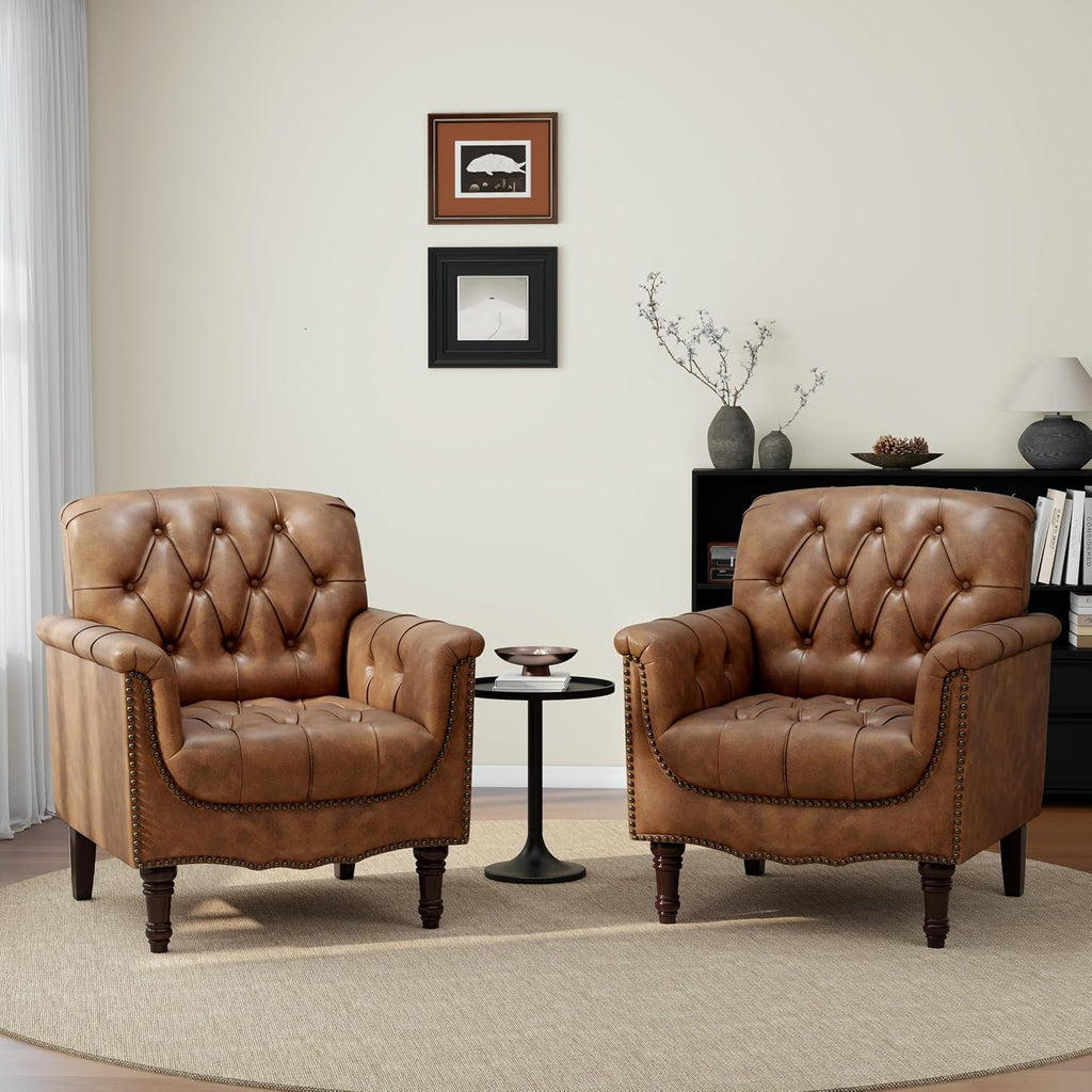 Faux Leather Accent Chair, Button Tufted Upholstered Armchair, Brown