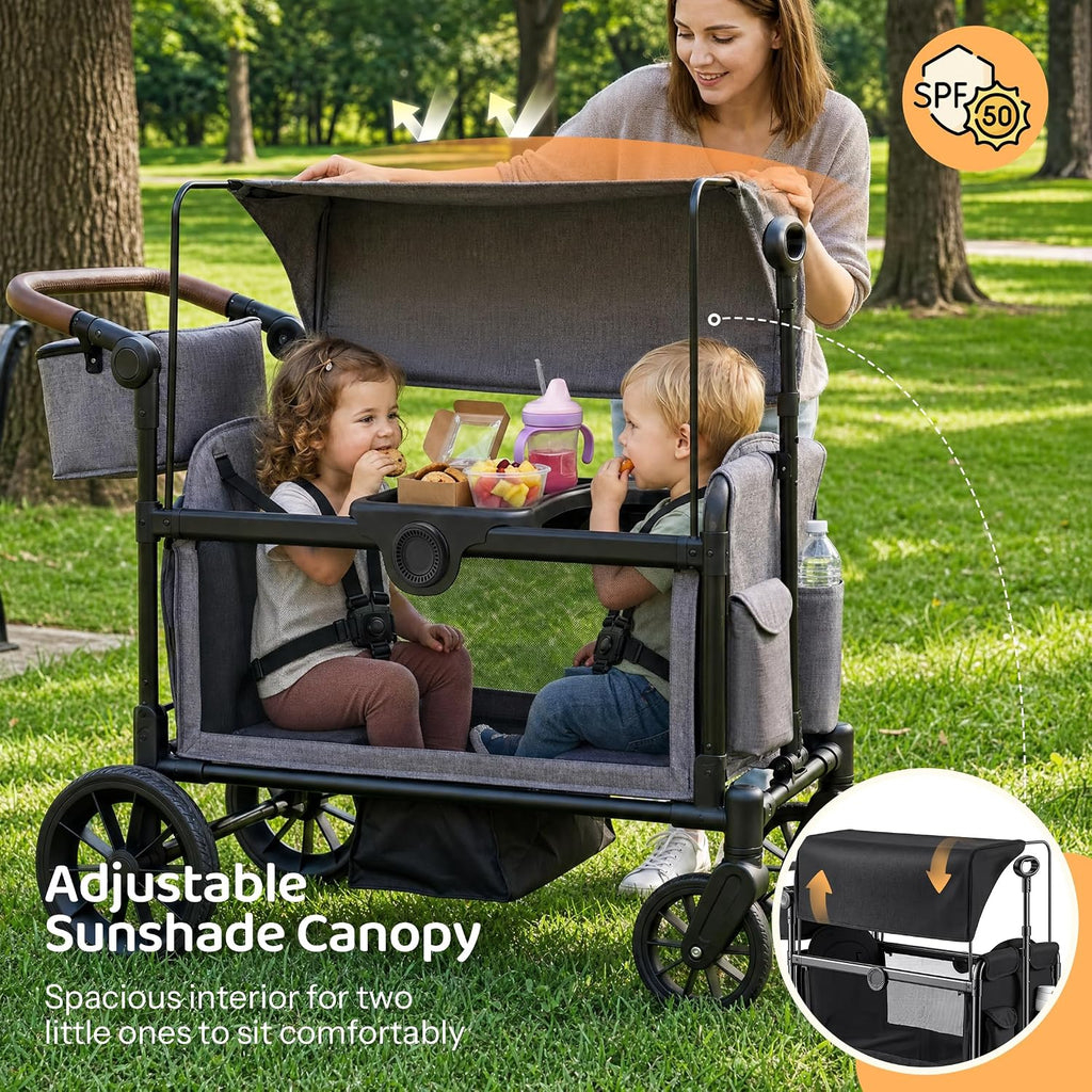 Stroller Wagon for 2 Kids, Foldable Seater with Canopy