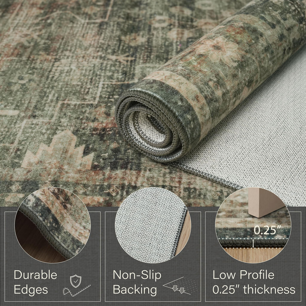 Washable Kitchen Runner Rug, Moss Green Vintage Distressed Geometric Runner Carpet, Low Pile Slip-Resistant