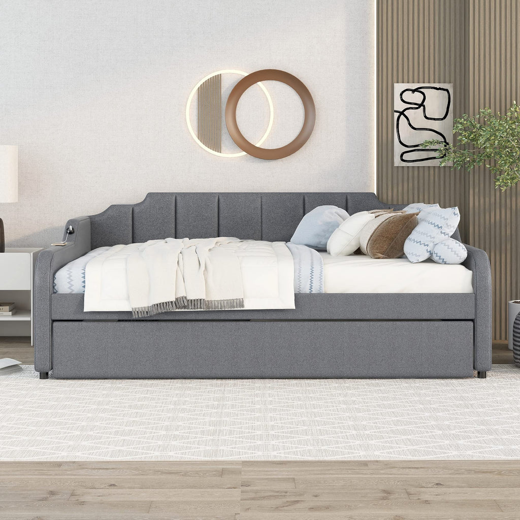 Full Daybed with Pop-up Trundle Upholstery Day Bed Frame with USB Charging Ports Modern Sofa Beds with Adjustable