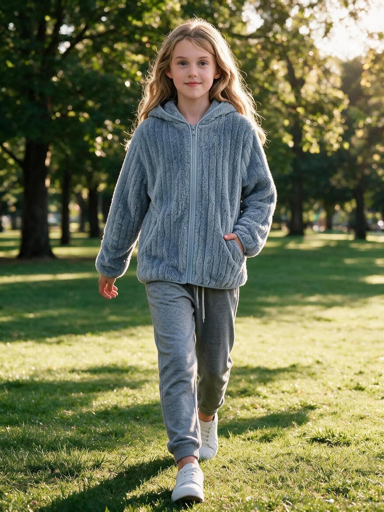 Girls Zip Up Hoodie Fall Fleece Lightweight Jacket for Kids Winter Fashion Sherpa Coat with Pocket