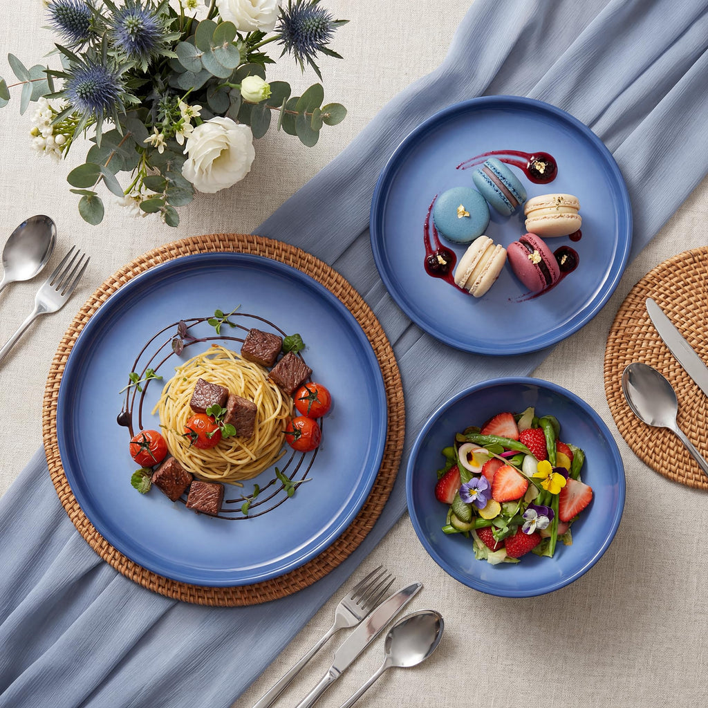 Stoneware Dinnerware Set for 4, 12 pcs Plates and Bowls Set, Blue