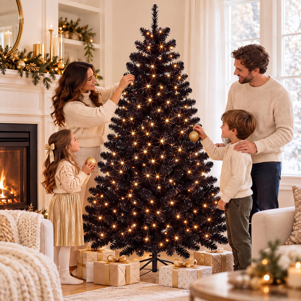 6FT Black Pre-Lit Christmas Tree, 300 Warm White LED Lights