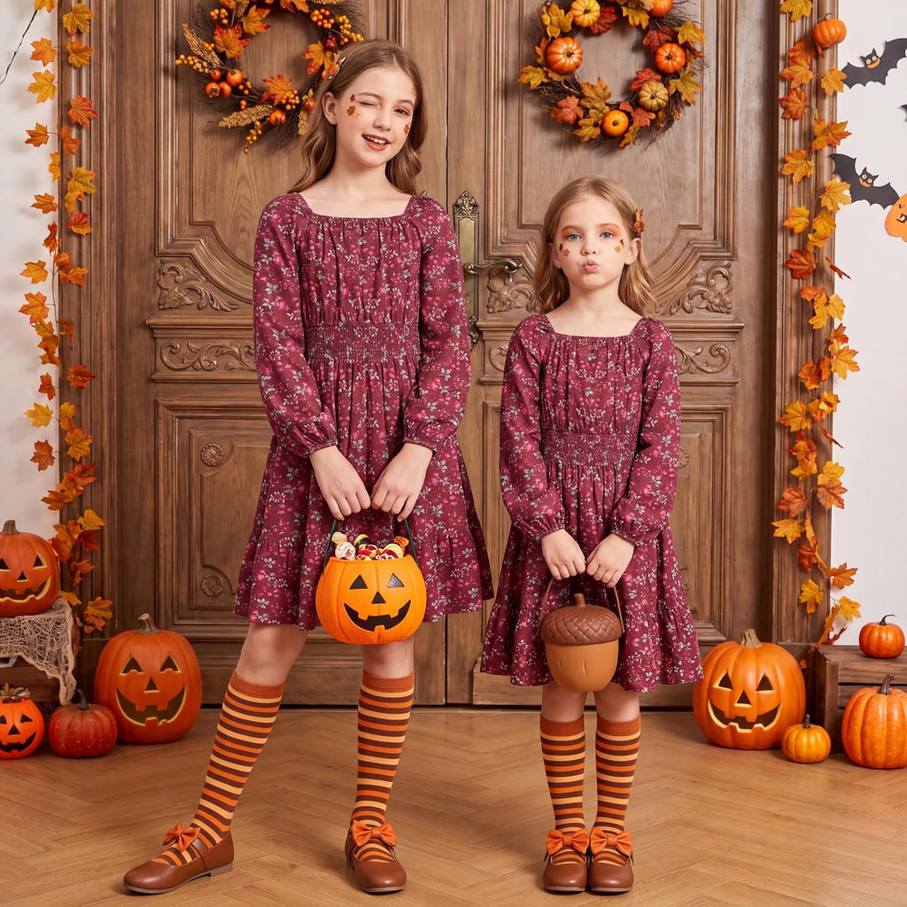 Girls Fall Dress Floral Long Sleeve Midi Smocked Waist Holiday