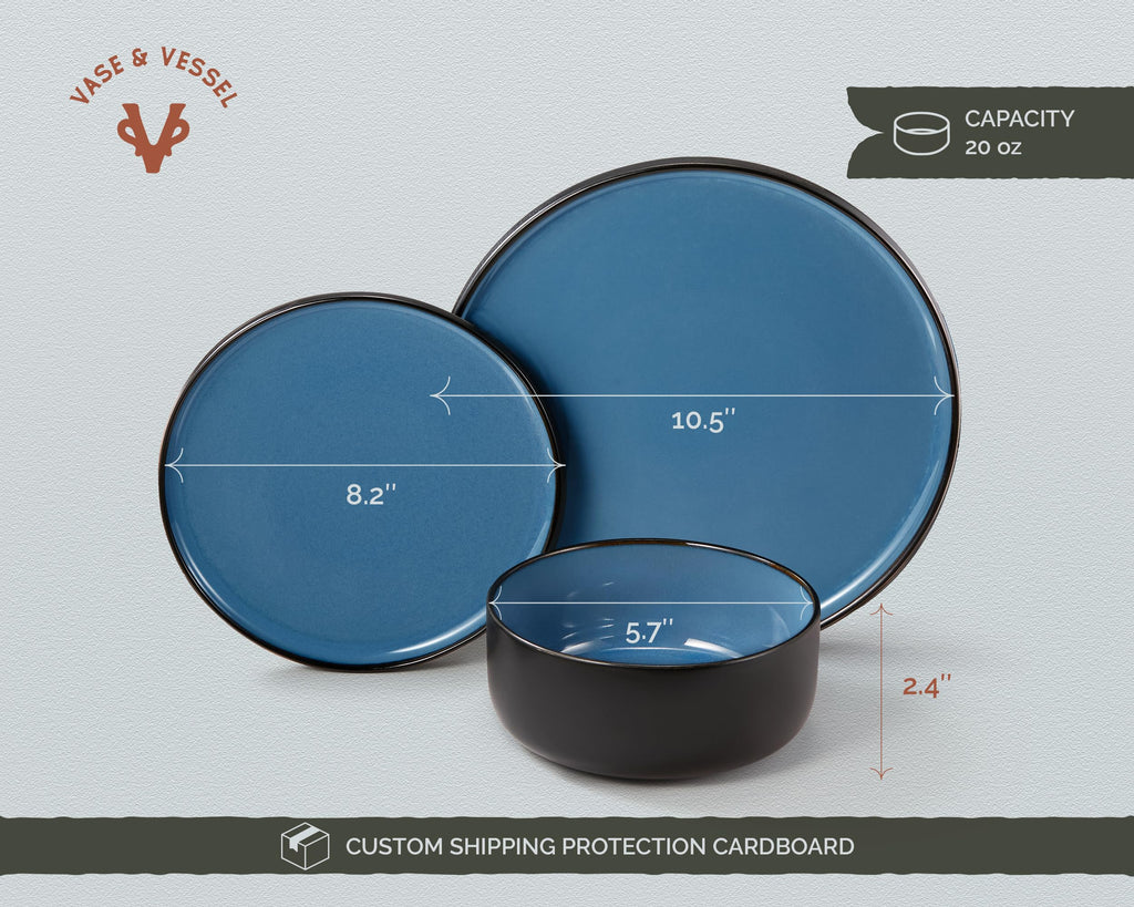 Dinnerware Set, 12 Piece Service for 4, Ceramic 10.5" Dinner Plates, 8.2" Salad Plates and 20 oz Bowls, Stoneware