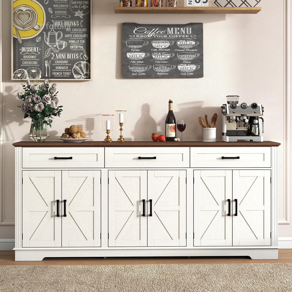70" Farmhouse Buffet Cabinet with Storage 3 Drawers & 6 Barn Doors, White