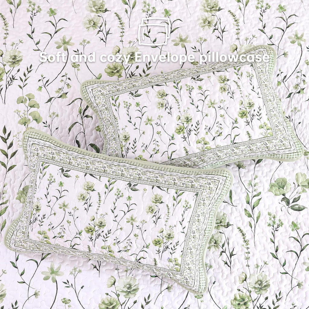 Floral Quilt Set King,Sage Green Bedspread Set with 2 Pillowcases, Microfiber Lightweight Flowers Botanical Coverlet