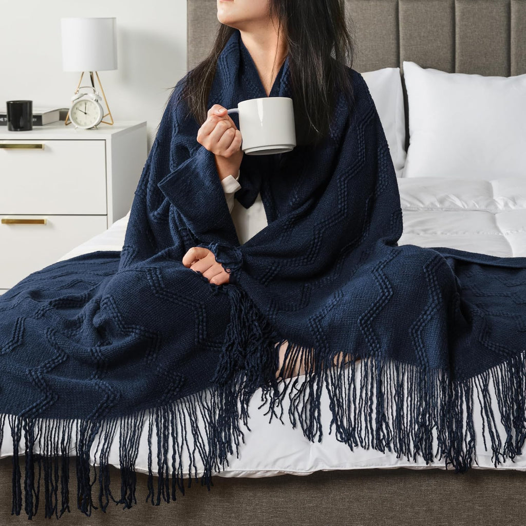 Navy Blue Knit Throw Blanket, Soft Knitted Farmhouse Sofa Throw, Lightweight Decorative Summer Throw Blanket for
