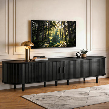 80" TV Stand with Sliding Doors, Mid Century Modern Entertainment Center, TV Console with Fluted Door Cabinets and