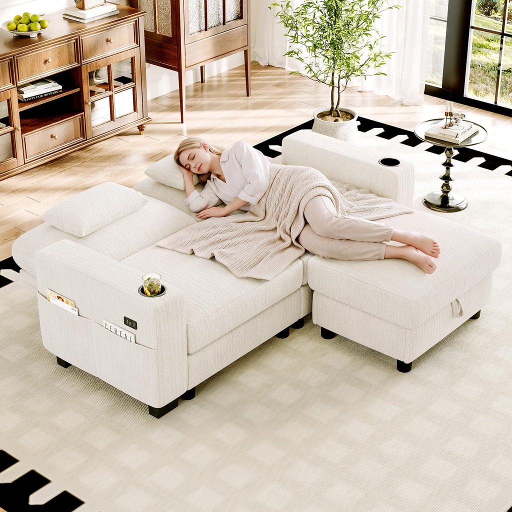 Modular Sectional Sofa, 72" L Shaped Comfy Chenille Couch, Ivory