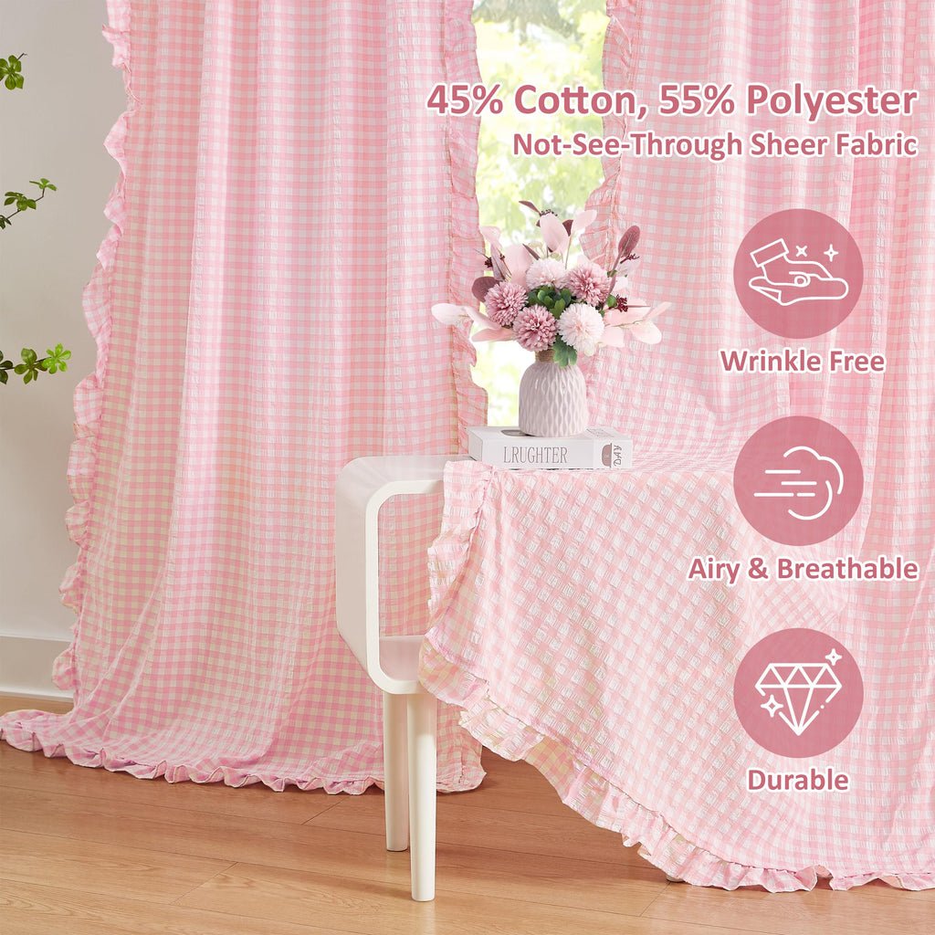 Blush Pink Buffalo Plaid Ruffle Window Curtains 84 Inches Long