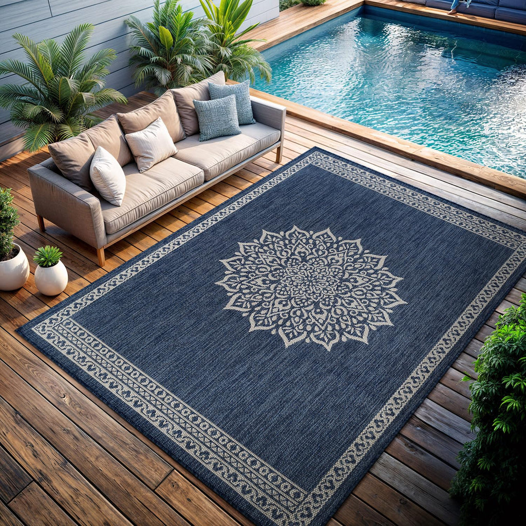 Outdoor Rug 10x14 Medallion Blue Modern Large Area Rugs for Indoor and Outdoor Patios Kitchen and Hallway Mats