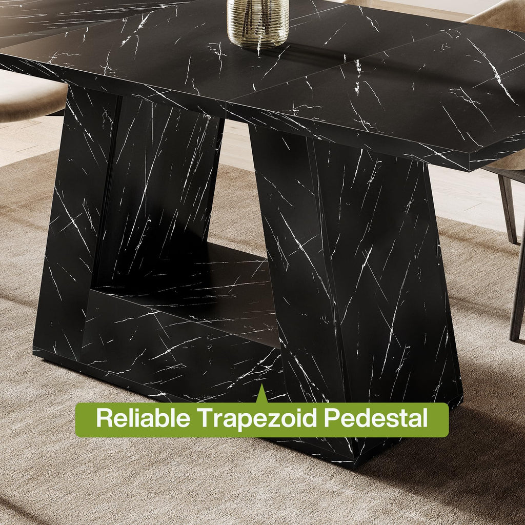 Inspired Saarinen Style Dining Table for 4-6 People, 63 Inches Dining Room Table with Wooden Triangle Pedestal Base, Black Faux Marble