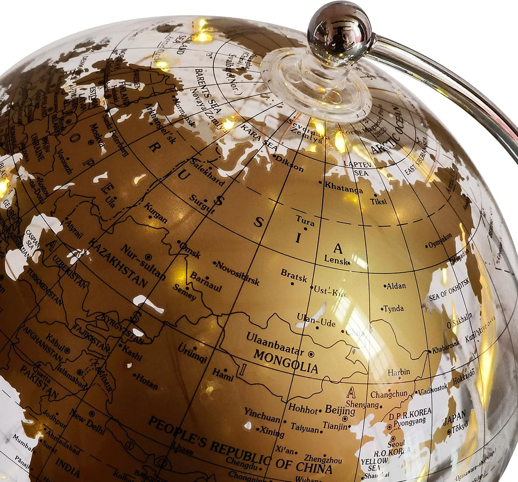 8'' World Globe, Clear Metal Globe with Built-in Gypsophila LED Strip Decor, Office Desktop, Study Education