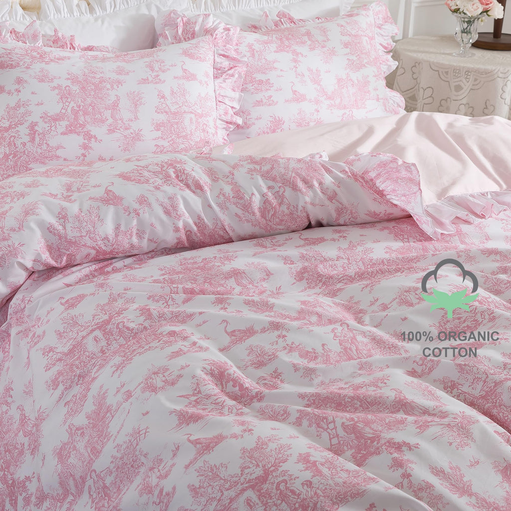 French Country Toile Duvet Cover Set Organic Cotton Farmhouse Bedding Set Pink Pastoral Pattern Breathable