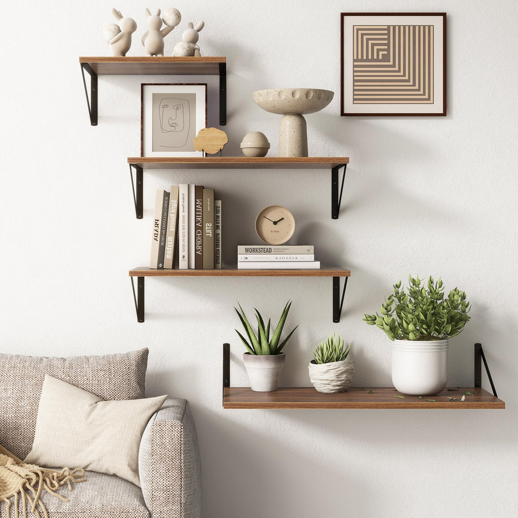 Deep Walnut Floating Shelves for Wall, 24"W x 10"D Wall Shelves Set of 2, 10 Inch Deep Floating Shelf with Brackets