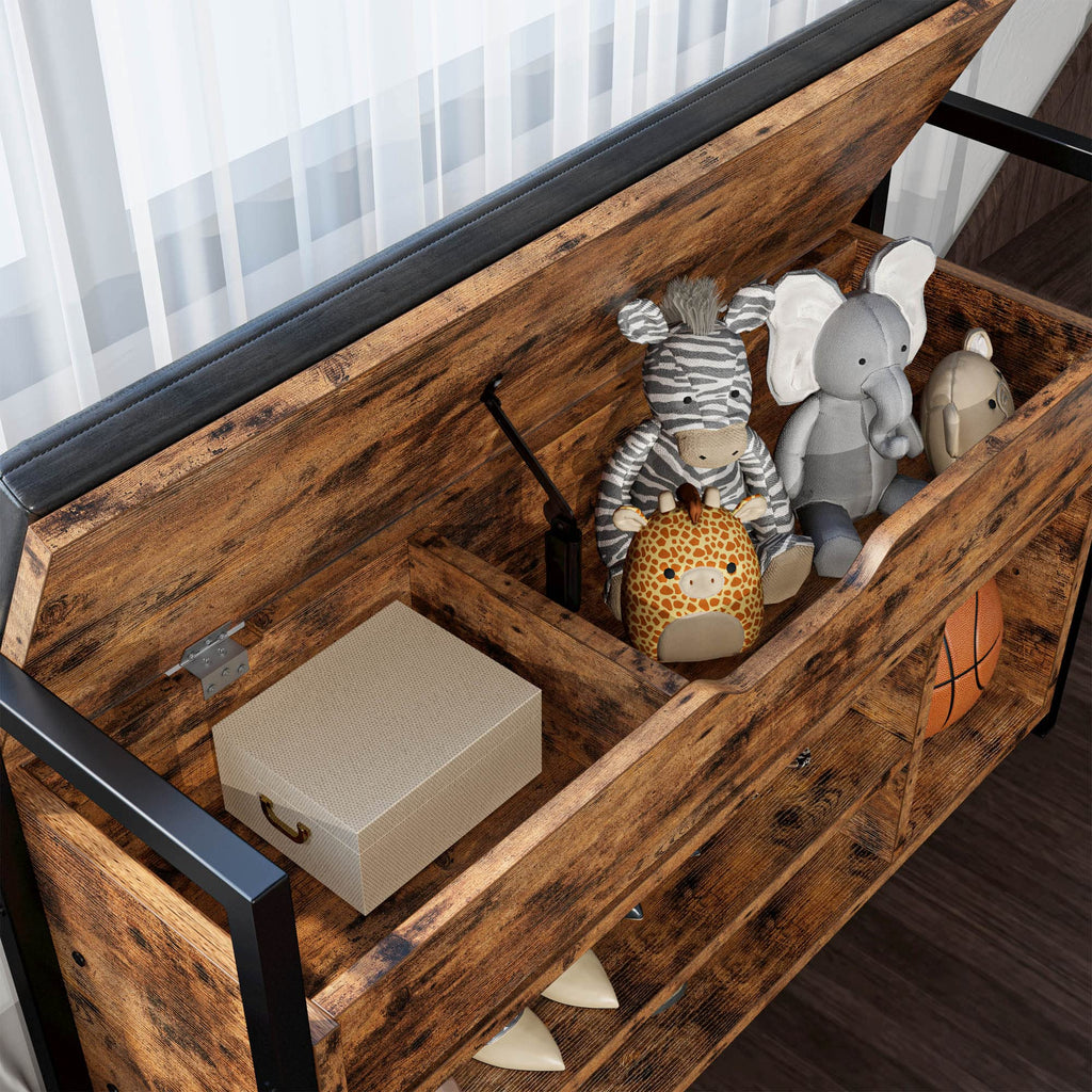Shoe Storage Bench, Entryway Bench with Lift Top Storage Box, Metal and Board Bench, Two Tier Shoe Rack Organizer