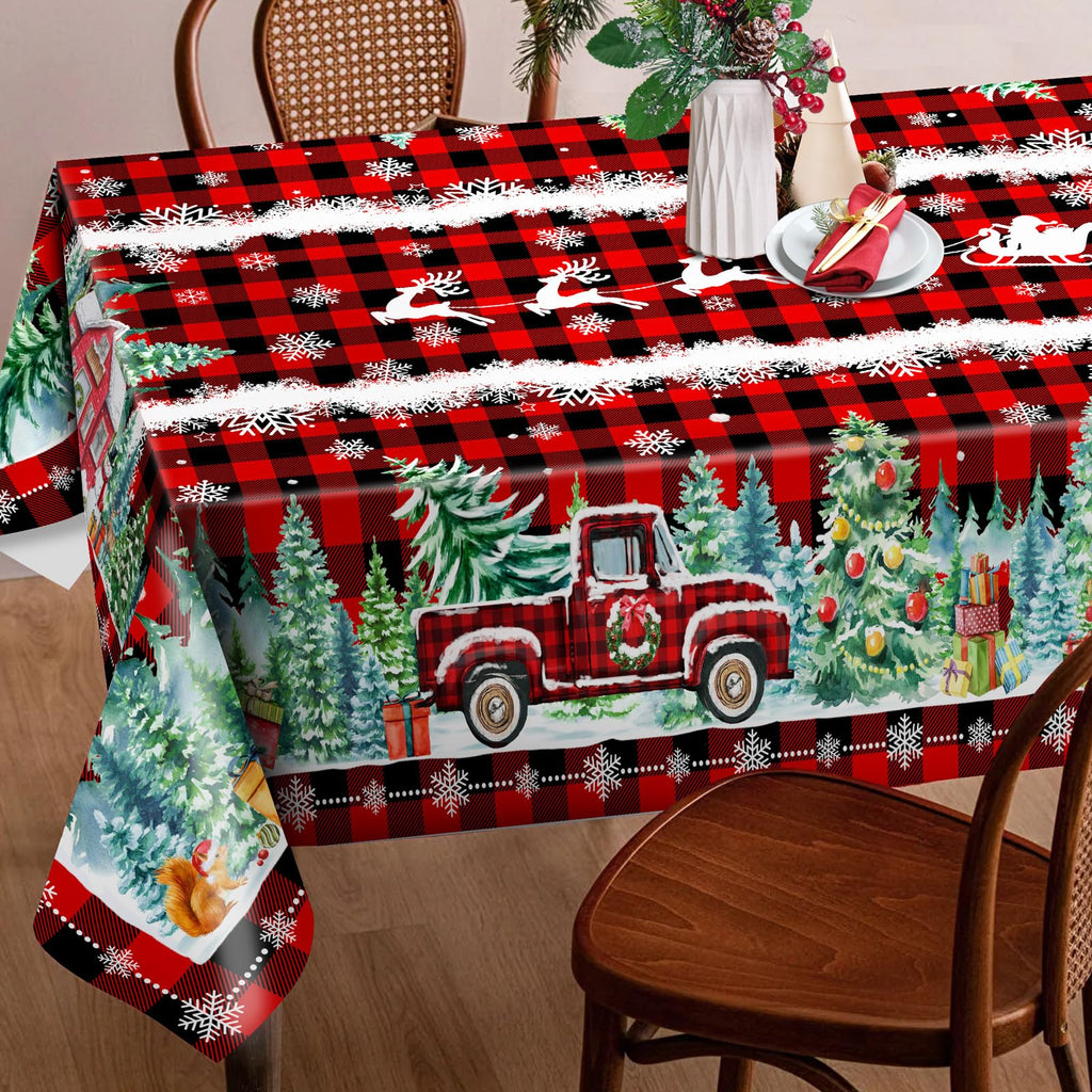 Christmas Tablecloth 52x70 Inches, Holiday Red Table Cloth for Rectangle Tables - Red Truck Christmas Decorations
